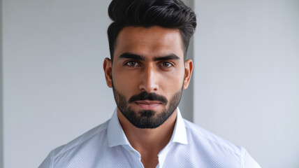 Close-up portrait of a South Asian man in a white shirt, exuding confidence and charisma with a serious expression and neatly styled hair, set against a light, neutral background.