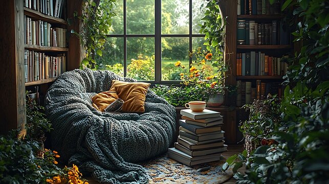 Cozy reading nook with a bean bag chair, books, a cup of tea, and a window overlooking a garden.