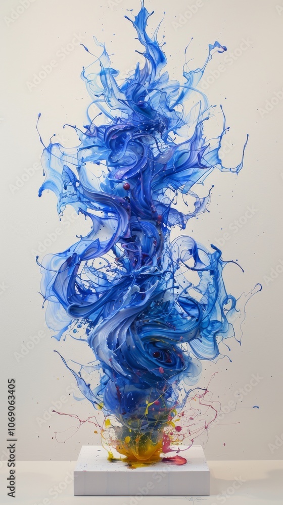 Poster a vibrant display of blue and yellow oil paint splashed and swirled dramatically across a clean canv