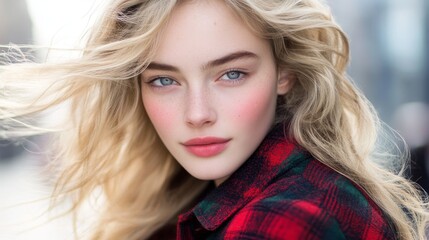 A close-up portrait of a young woman with flowing hair and a natural makeup look, exuding confidence.