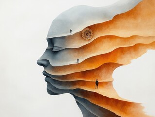 Abstract representation of hypnosis and regression therapy through a layered human. AI generated