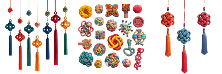 Colorful decorative Chinese knots with tassels on transparent background or png 