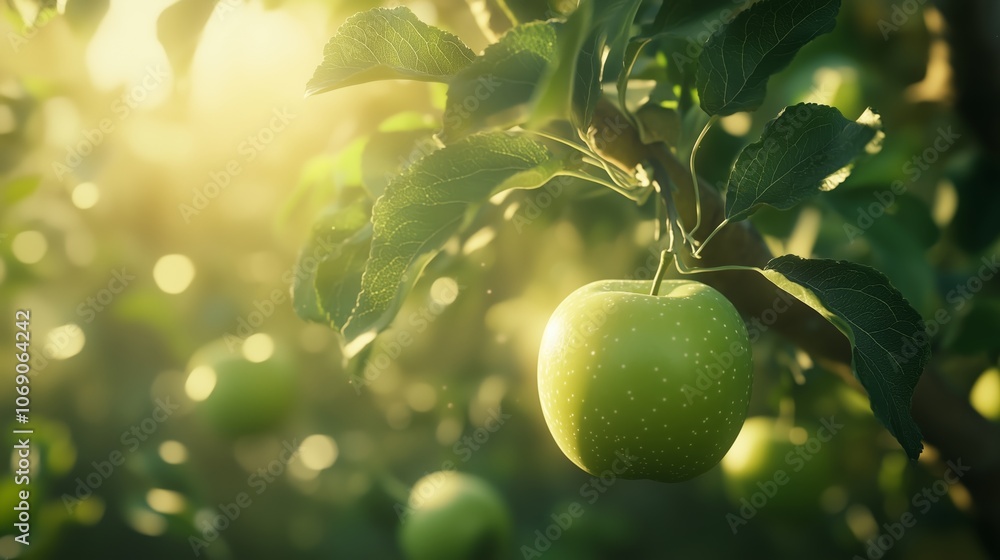 Poster sunlight filters through leaves illuminating a ripe green apple hanging from a tree branch on a sere