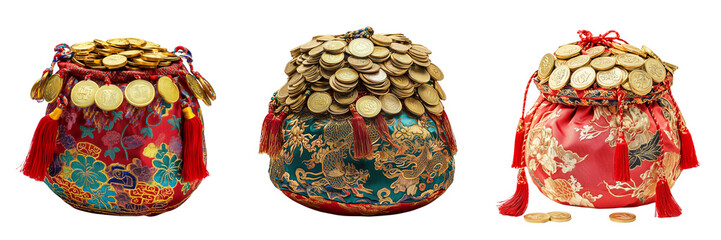 A traditional Chinese red pouch filled with gold coins, surrounded by piles of them on transparent background or png 