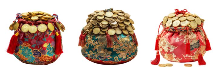 A traditional Chinese red pouch filled with gold coins, surrounded by piles of them on transparent background or png 