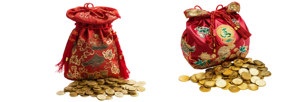  Chinese red pouch filled with gold coins on transparent background or png 