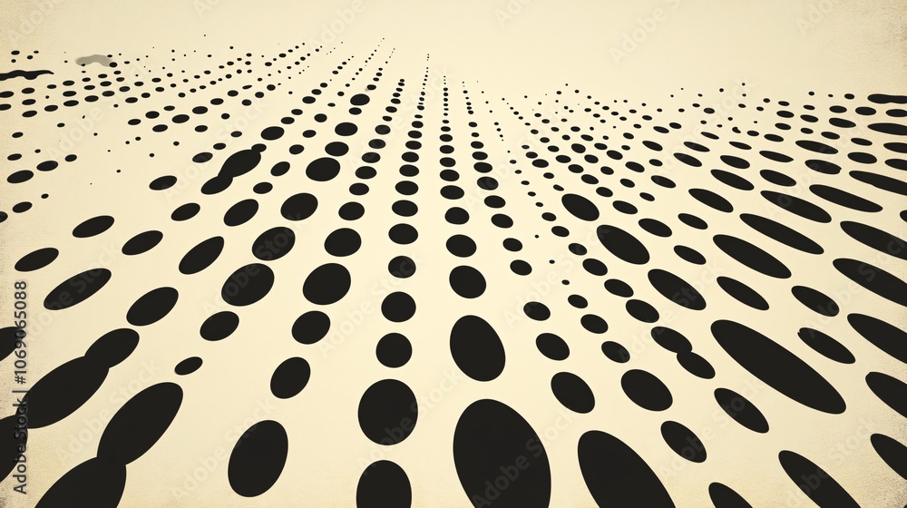 Poster an abstract pattern featuring a series of black dots arranged in a perspective, creating a dynamic v