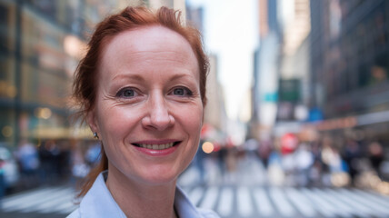 Fototapeta premium Smiling Caucasian woman with red hair enjoying city life in a bustling urban environment, exuding confidence and warmth.