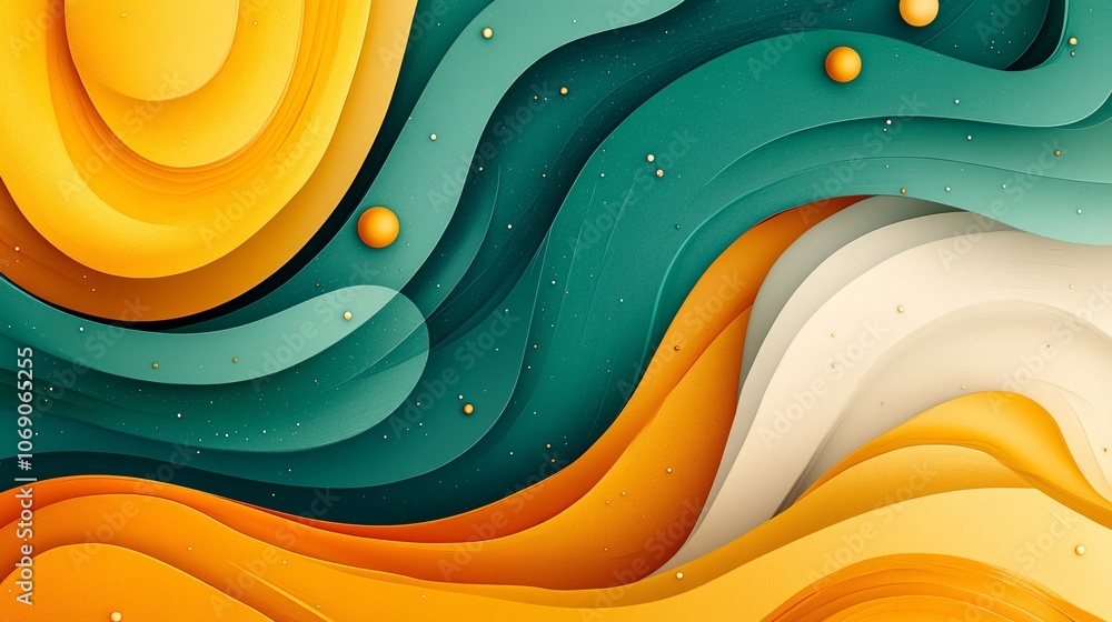 Poster a vibrant abstract design featuring flowing layers of yellow, orange, and teal, creating a dynamic, 