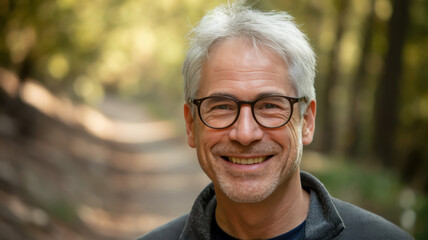 A smiling older Caucasian man with glasses on a forest path, showcasing a warm and inviting demeanor amidst vibrant autumn foliage.