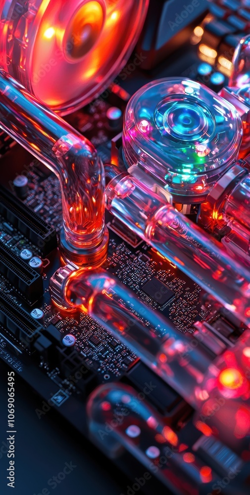 Poster vibrant computer circuit board with colorful led lights