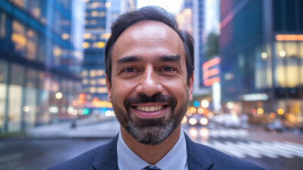 Fototapeta premium A middle-aged Hispanic man smiles confidently in a bustling urban environment, showcasing the energy of city life with blurred traffic and glowing buildings in the background.