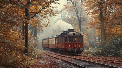 Fototapeta premium A vintage steam train travels through a serene autumn forest, surrounded by colorful leaves and soft morning mist, evoking nostalgia and tranquility.