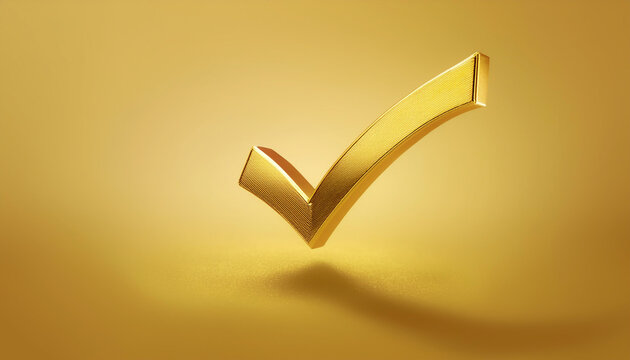A shiny gold tick mark, often symbolizing confirmation or correct choice floating or flyingisolated on a yellow pastel