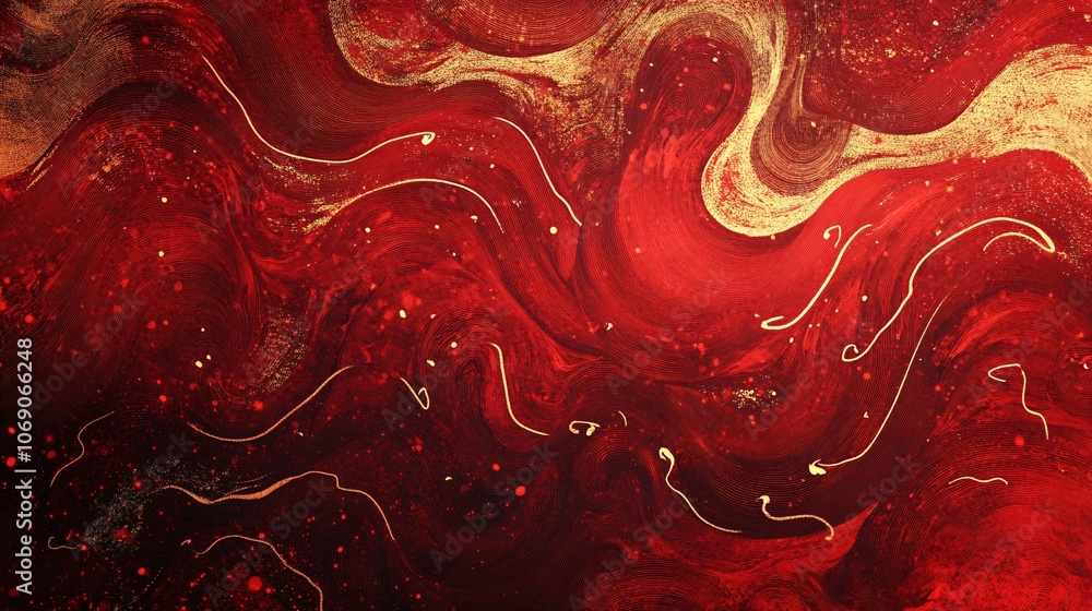 Poster a vibrant abstract artwork featuring swirling red and gold patterns, evoking energy and movement thr