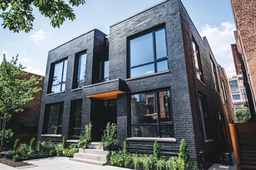 Fototapeta premium Black brick Chicago townhouse with sapphire glass windows, minimalist design.