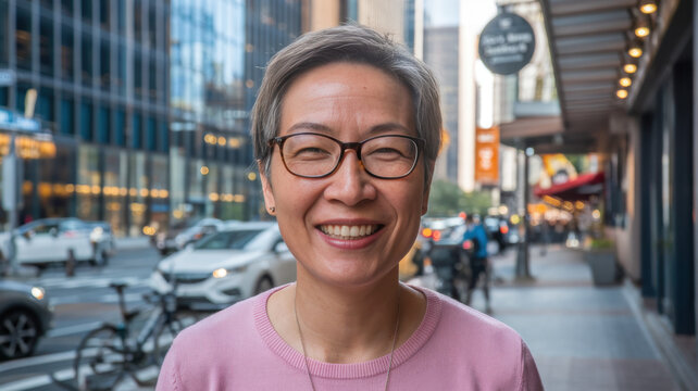 Smiling Asian woman in her 50s stands confidently on a bustling city street, showcasing a warm and approachable demeanor amid an urban backdrop.
