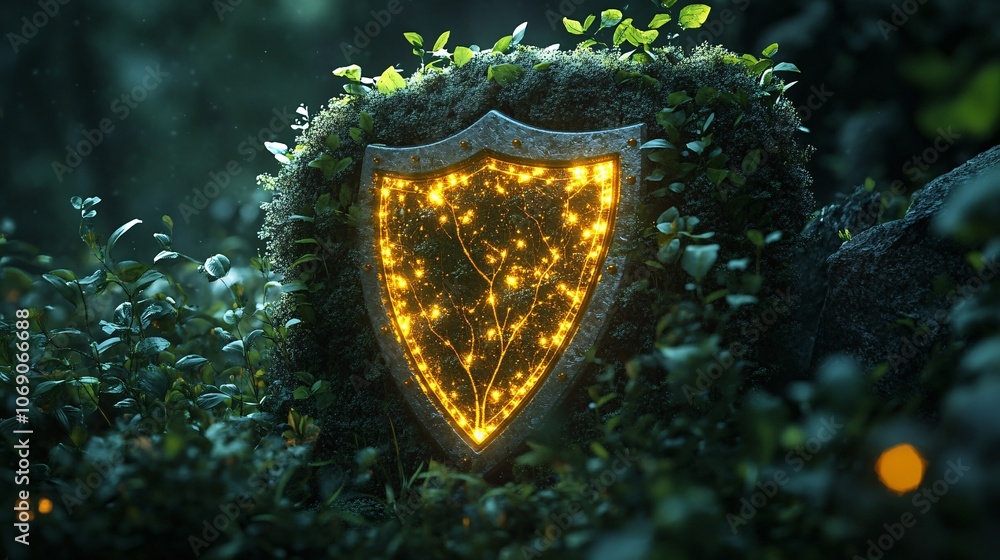 Poster a glowing shield embedded in lush greenery, surrounded by soft light and nature, creating an enchant