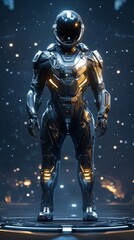 Fototapeta premium Futuristic space suit product shot against starlit backdrop with details