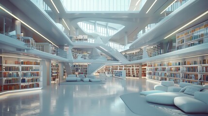 A modern library featuring advanced technology and comfortable seating, showcasing digital catalogs and robotic book retrieval systems in an innovative atmosphere