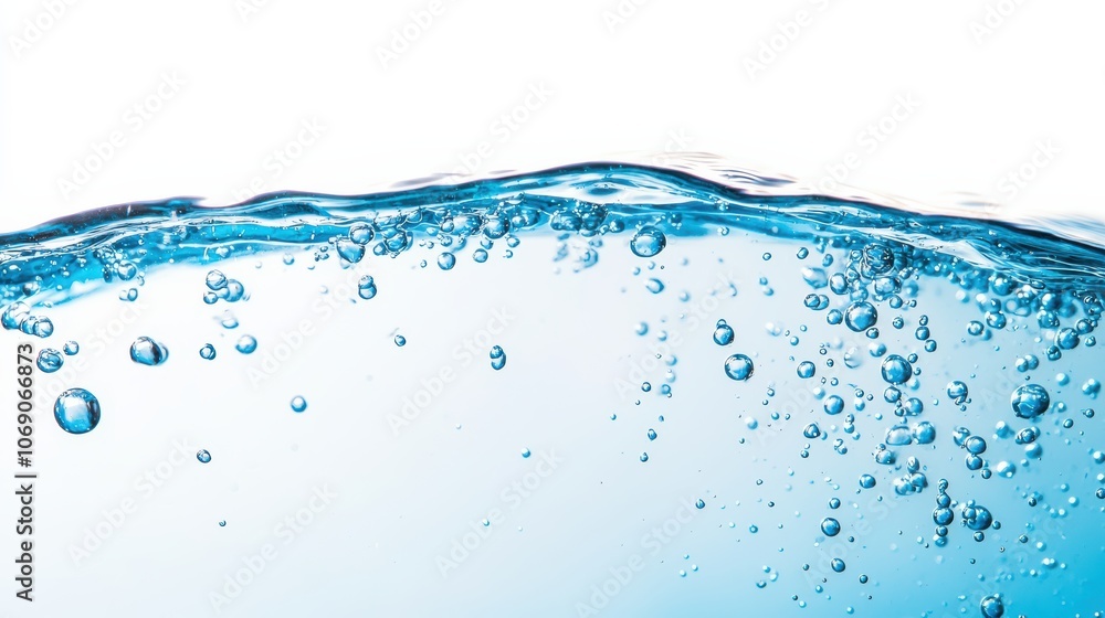 Poster pure water surface with bubbles creating a refreshing wave on white background