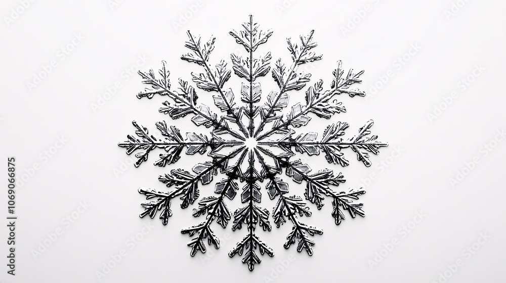 Poster a detailed snowflake design against a white background, showcasing intricate patterns and delicate s