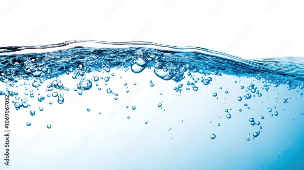 Poster Clean water wave with bubbles creating a refreshing splash on white background