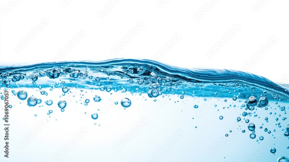 Poster blue water wave with bubbles creating a refreshing splash on white background