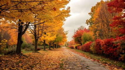 Fototapeta premium Autumn Alley with Golden Foliage, Fall Season Alley with Golden Colors
