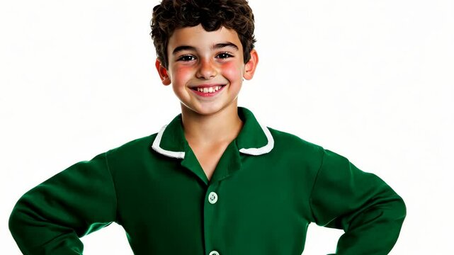 A young boy in a green shirt smiles broadly, standing with his hands on his hips against a white backdrop