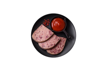 Homemade headcheese with salt, spices, herbs and vegetables