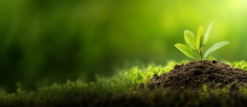 Fototapeta A fresh green sapling growing in soil, symbolizing environmental conservation and Earth Day. Soft green background enhances the eco-friendly theme. 