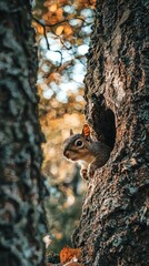 Obraz premium Squirrel Peeking from Tree Hole in Autumn Light