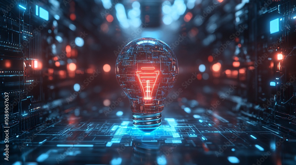 Poster a 3d-rendered light bulb composed of digital circuits and glowing elements, symbolizing innovation i