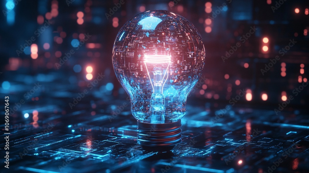 Poster a glowing, futuristic light bulb composed of digital elements, set against a vibrant, high-tech back