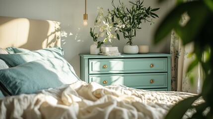 Bright and airy bedroom with a light turquoise dresser and fresh flowers in the afternoon sunlight