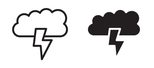 Cloud lightning vector icon set black filled and outlined style.