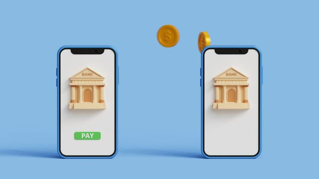Online mobile banking and mobile payments. Digital banking, internet banking and financial management concept. 3D bank to bank money transfer mobile app on blue background. 4K 3D animation
