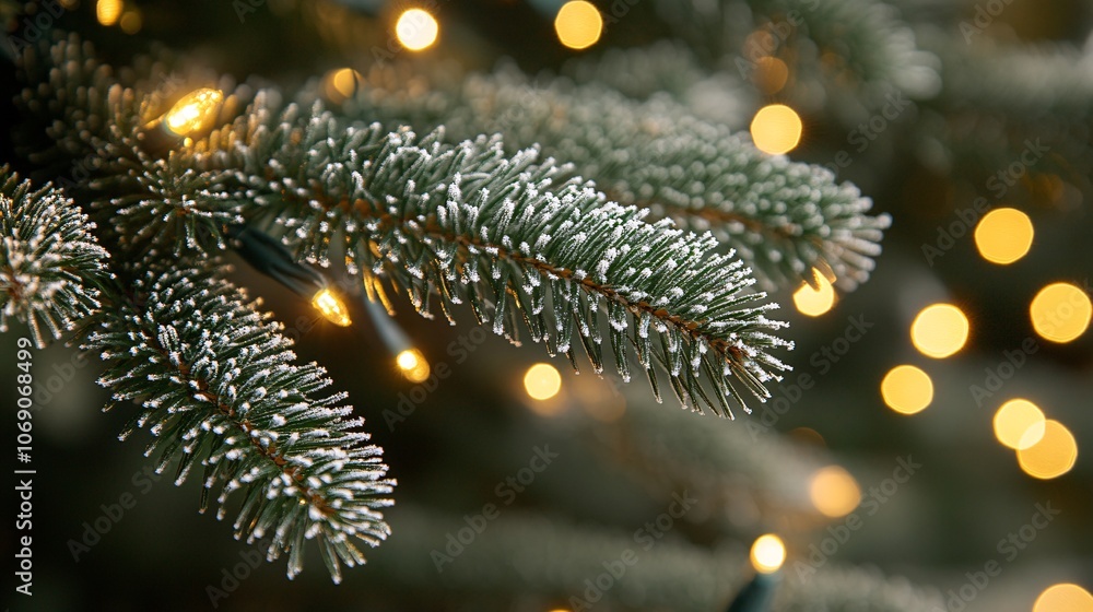 Poster close-up of a christmas tree branch adorned with soft lights and a frosted appearance, creating a wa