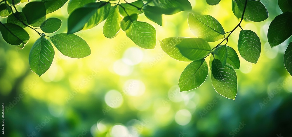Poster sunlight shining through green leaves creating a serene natural background