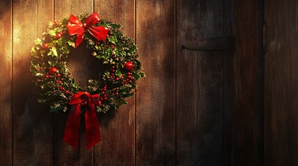 A festive Christmas wreath adorned with red bows and holly, hanging against a rustic wooden backdrop.