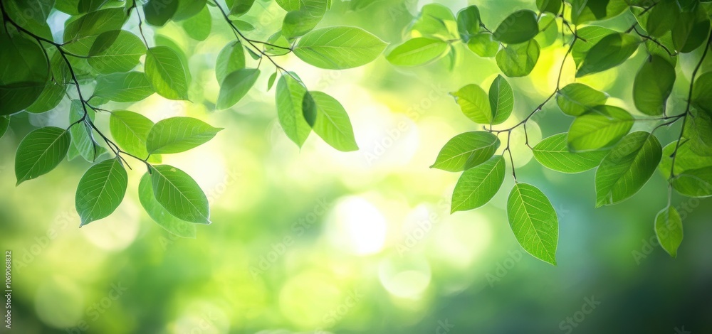 Poster sunlight shining through green leaves creating elegant serene atmosphere