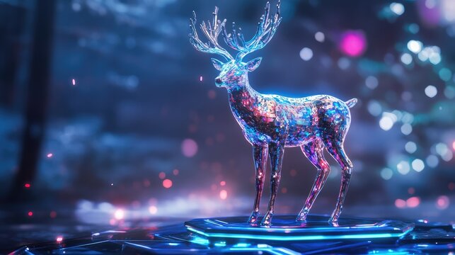 Metallic reindeer sculpture with holographic details, standing on a sleek futuristic platform with glowing edges.