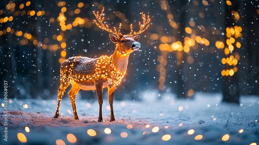 Aufkleber a snowy scene featuring a deer adorned with glowing lights, surrounded by softly falling snow and il