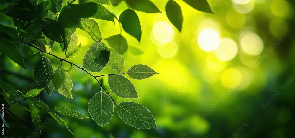 Poster sunlight filtering through green leaves creating a serene natural background