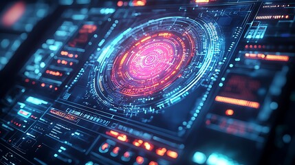 Obraz premium Futuristic digital interface with a glowing red and blue circular design.