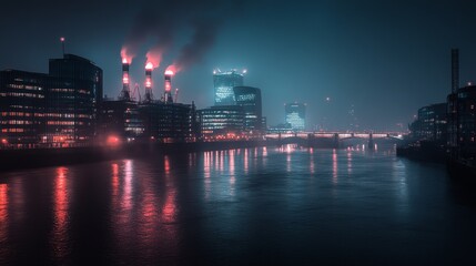 Fototapeta premium A moody industrial landscape at night with glowing light and smoke rising from chimneys.