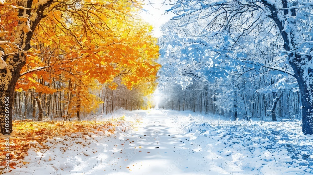 Poster a scenic view displaying a contrasting transition between autumn with golden leaves and a snowy wint