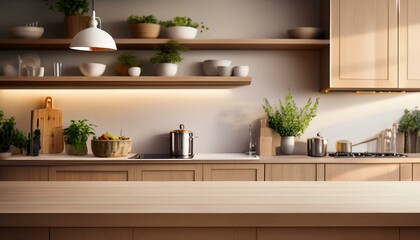 Cozy home kitchen interior with cooking cabinet, empty bar counter
