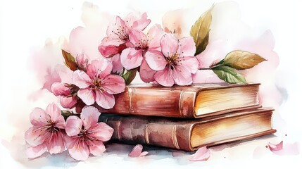 Fototapeta premium Watercolor Books with Cherry Blossoms Design